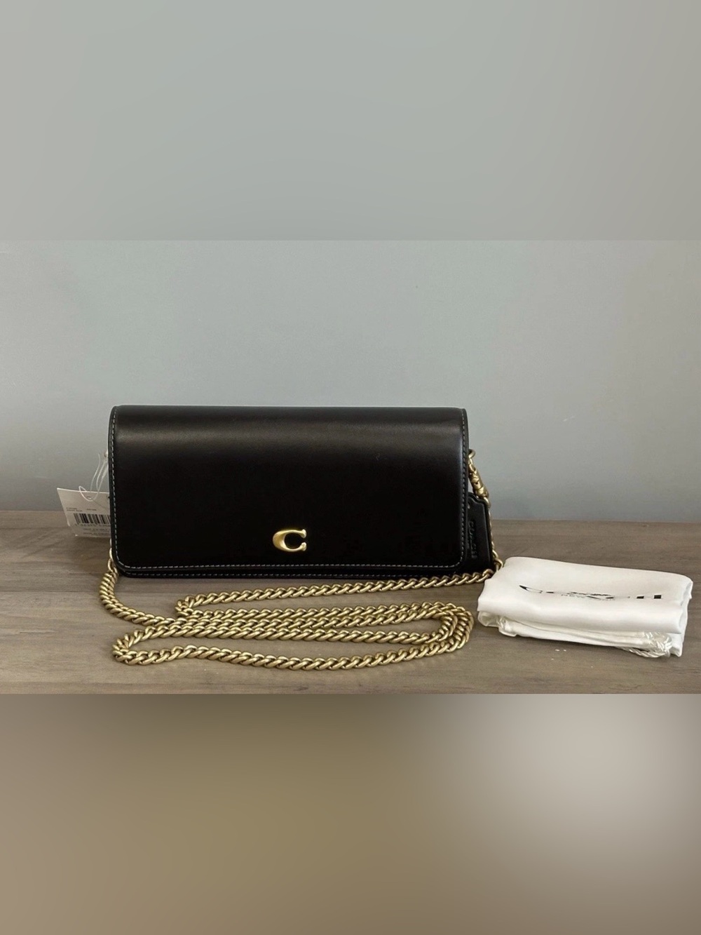 COACH Evie Long Wallet Crossbody Shoulder Chain Leather Black Brass CW586
